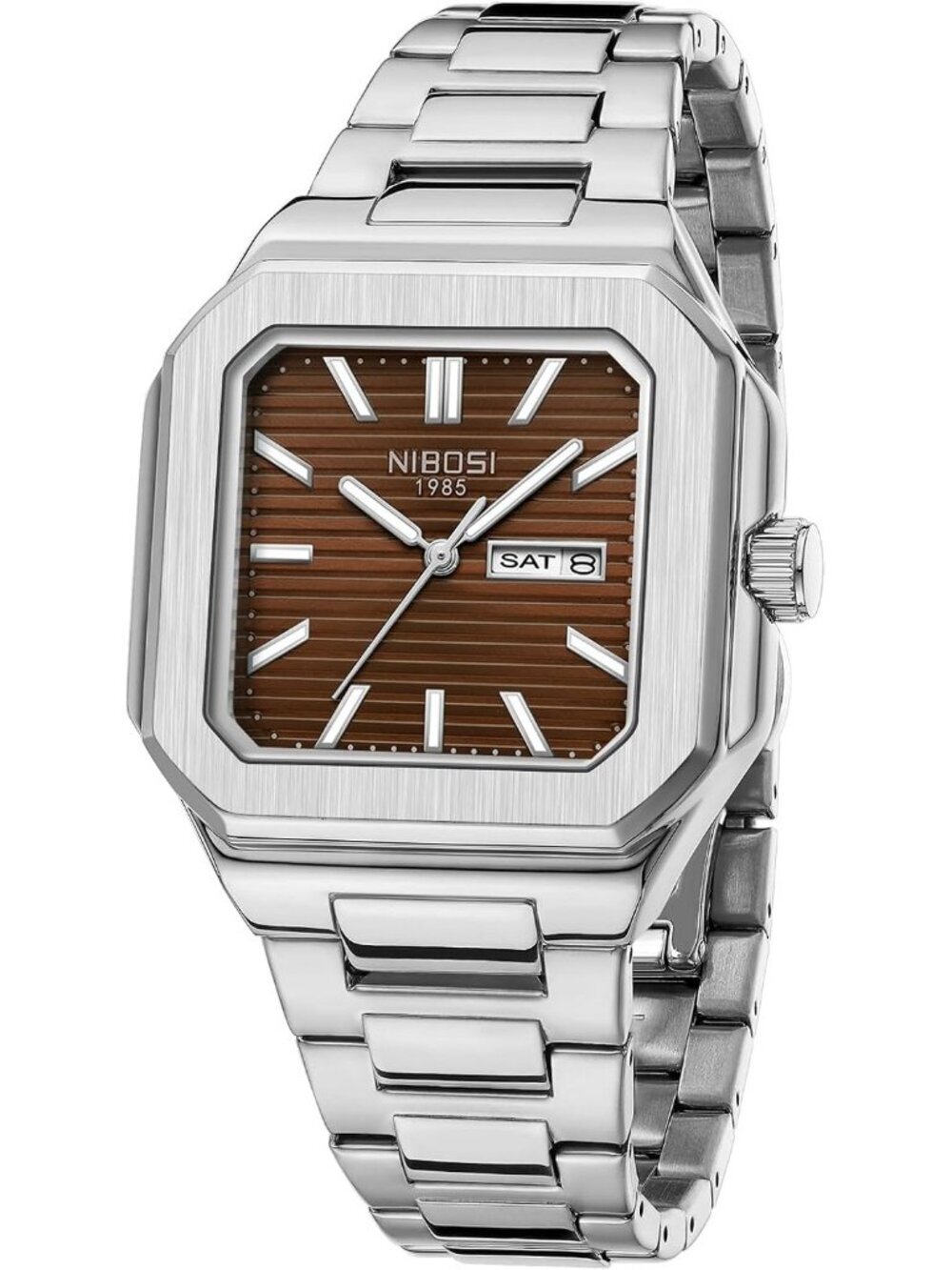 Nibosi Men's Silver Brown Analog Quartz Stainless Steel Waterproof Square Watch